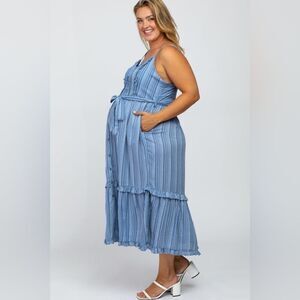 Pinkblush David & Dani Blue Striped Button Front Plus Maternity Midi Dress‎ 2X